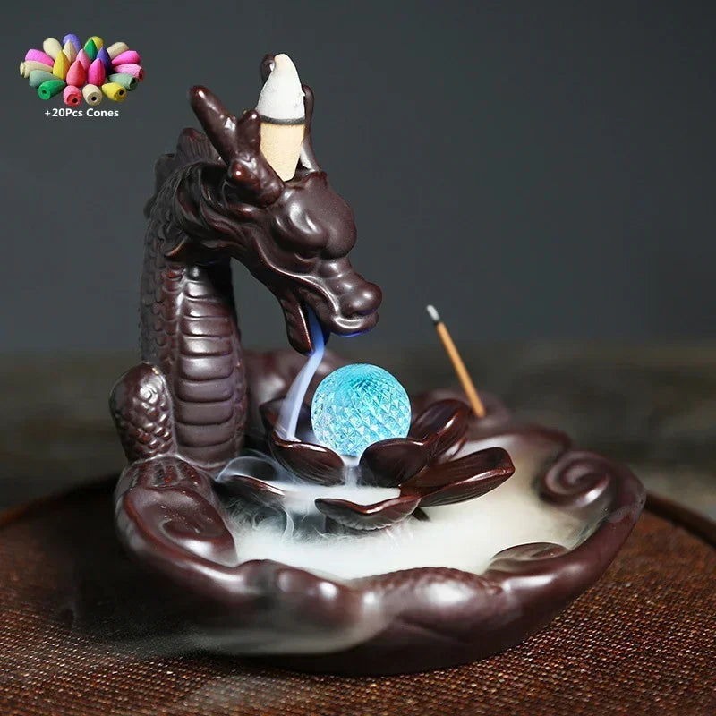 Dragon Lotus with Flowing Ceramic LED Ball Office Tea Decoration