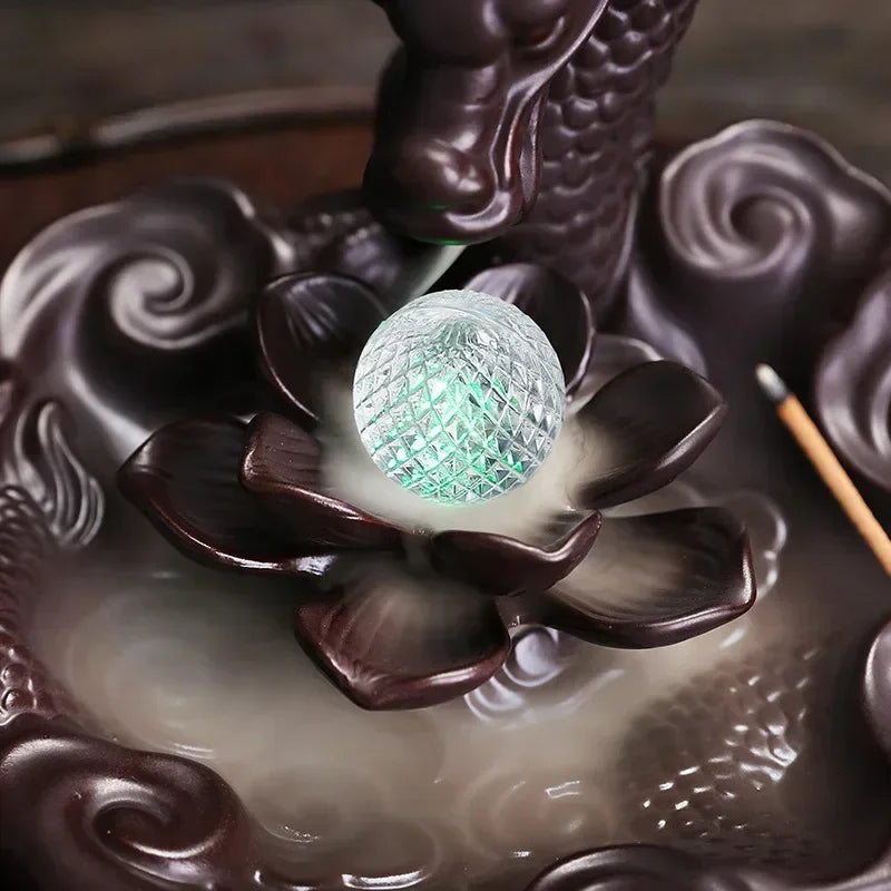 Dragon Lotus with Flowing Ceramic LED Ball Office Tea Decoration